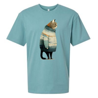 Cat Wearing A Sweater Funny Pet Fat Gray Cat In Sweater Sueded Cloud Jersey T-Shirt