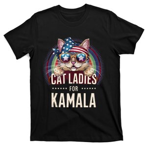 Cat With American Flag Bandana Cat Ladies For Kamala Rainbow Lgbt T-Shirt