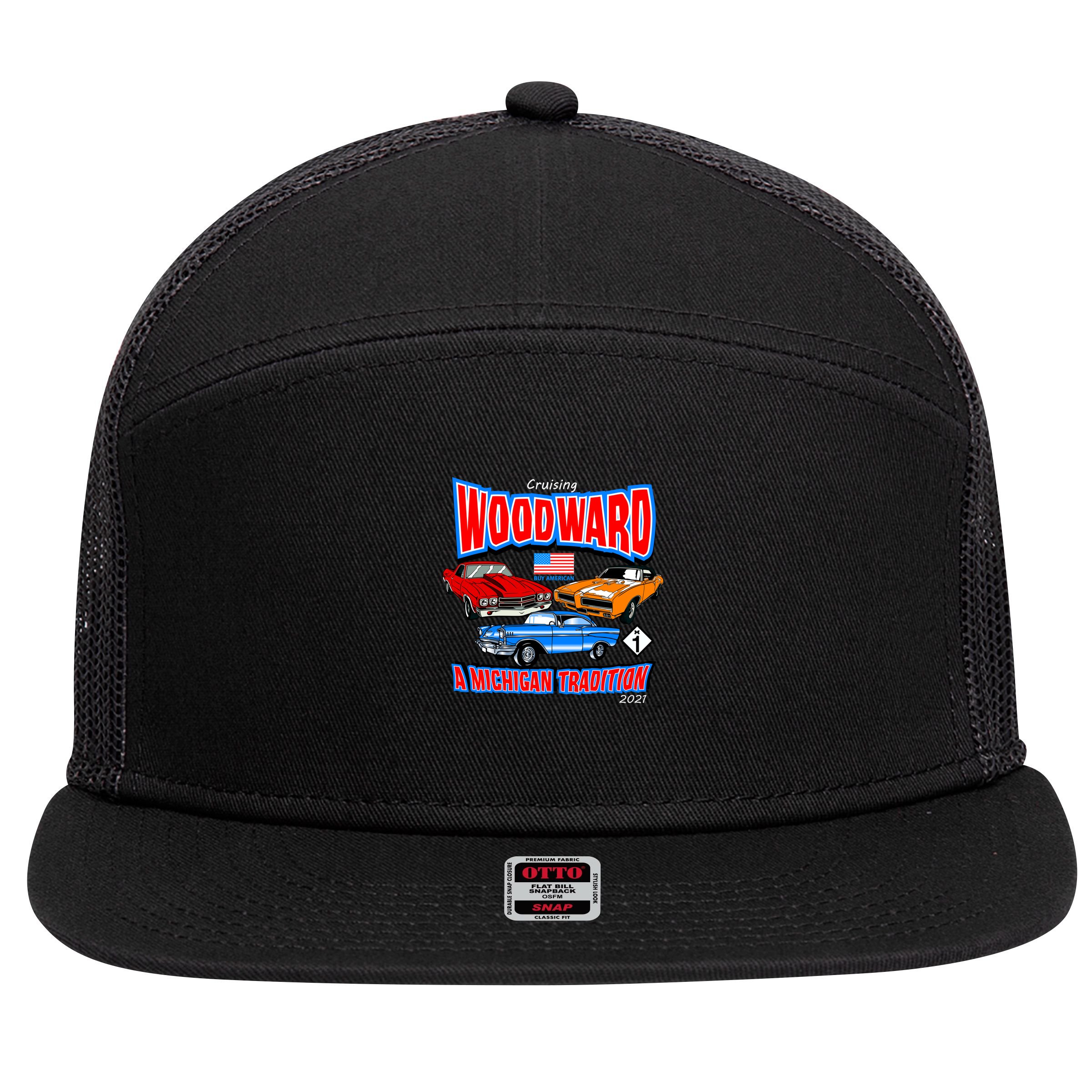 Cruising Woodward Ave M1 A Michigan Tradition 7 Panel Mesh Trucker Snapback Hat