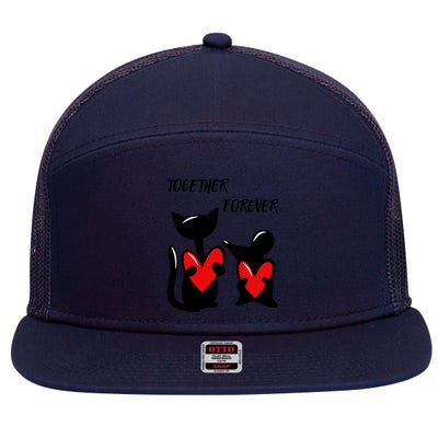 Cat with a mouse holding hearts in their paws. 7 Panel Mesh Trucker Snapback Hat