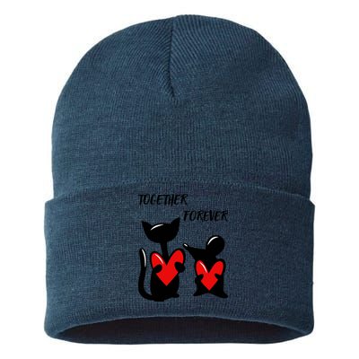 Cat with a mouse holding hearts in their paws. Sustainable Knit Beanie