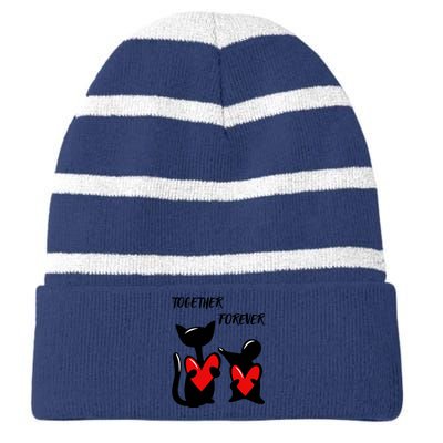 Cat with a mouse holding hearts in their paws. Striped Beanie with Solid Band