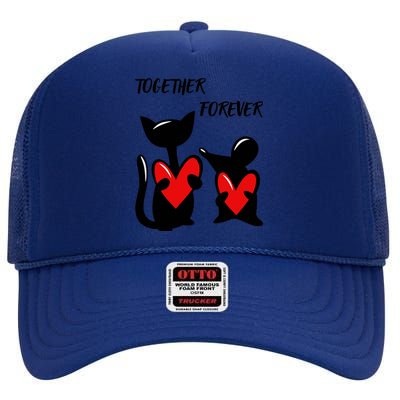 Cat with a mouse holding hearts in their paws. High Crown Mesh Back Trucker Hat