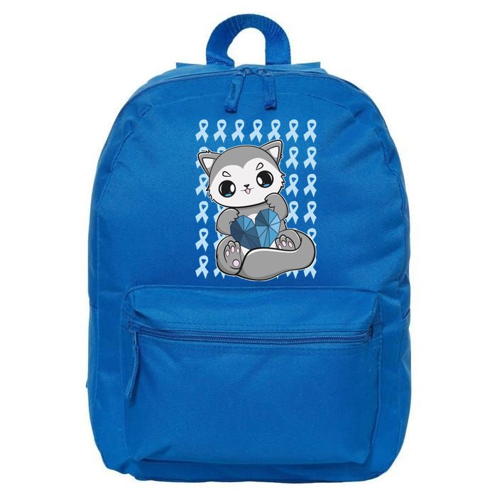 Cute Wolf And Blue Ribbon For Diabetes Awareness Gift 16 in Basic Backpack