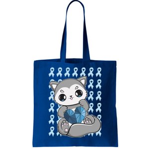 Cute Wolf And Blue Ribbon For Diabetes Awareness Gift Tote Bag