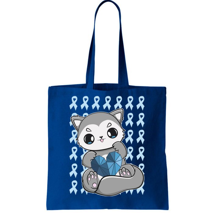 Cute Wolf And Blue Ribbon For Diabetes Awareness Gift Tote Bag