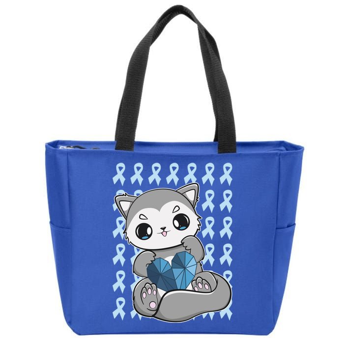 Cute Wolf And Blue Ribbon For Diabetes Awareness Gift Zip Tote Bag