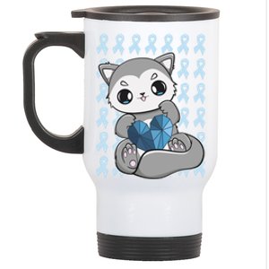 Cute Wolf And Blue Ribbon For Diabetes Awareness Gift Stainless Steel Travel Mug