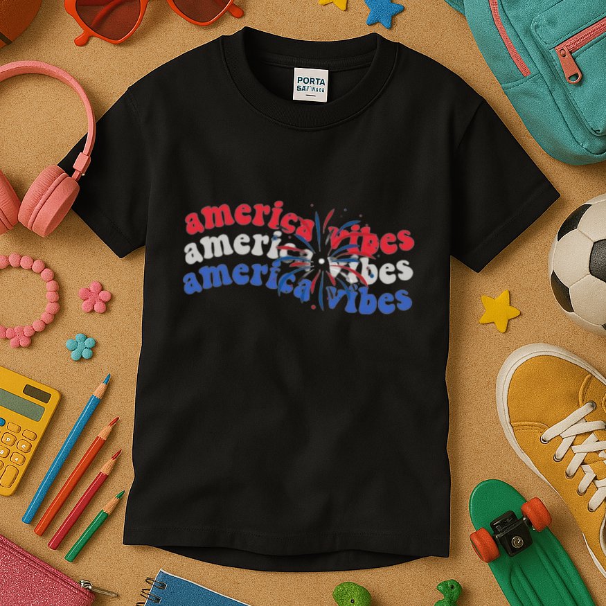 Cool Wavy America Vibes Fireworks Kids T-Shirt