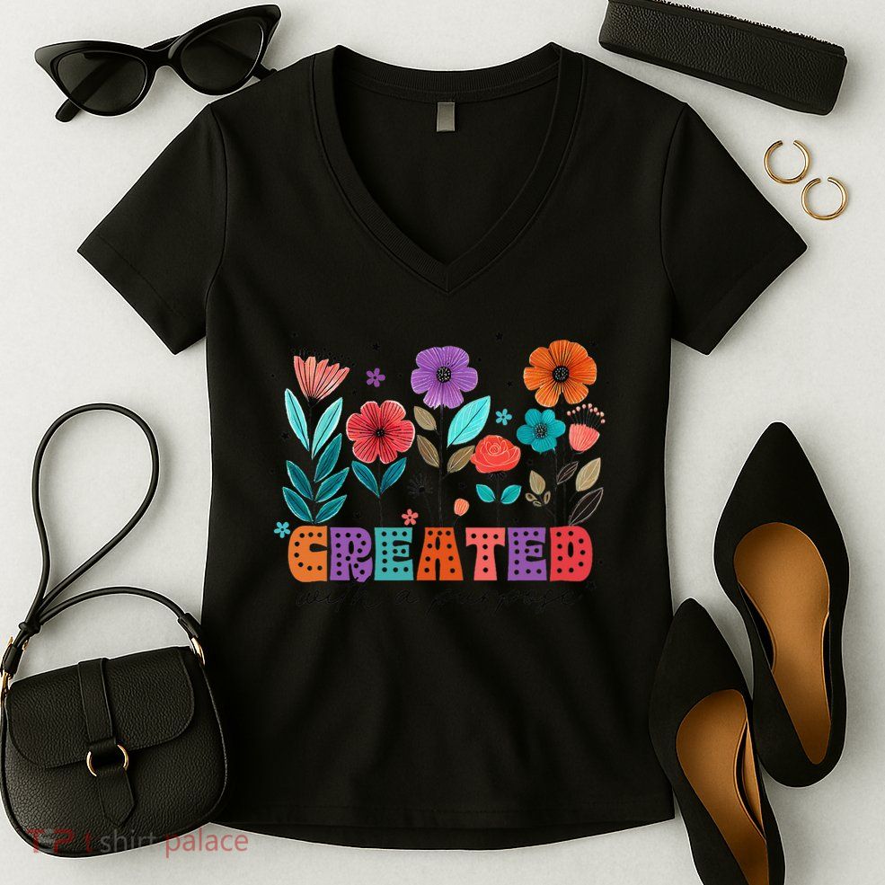 Created With A Purpose Jesus Christian Flower Wildflower Women's V-Neck T-Shirt