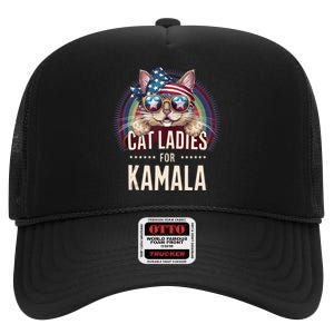 Cat With American Flag Bandana Cat Ladies For Kamala High Crown Mesh Back Trucker Hat