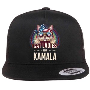 Cat With American Flag Bandana Cat Ladies For Kamala Flat Bill Trucker Hat