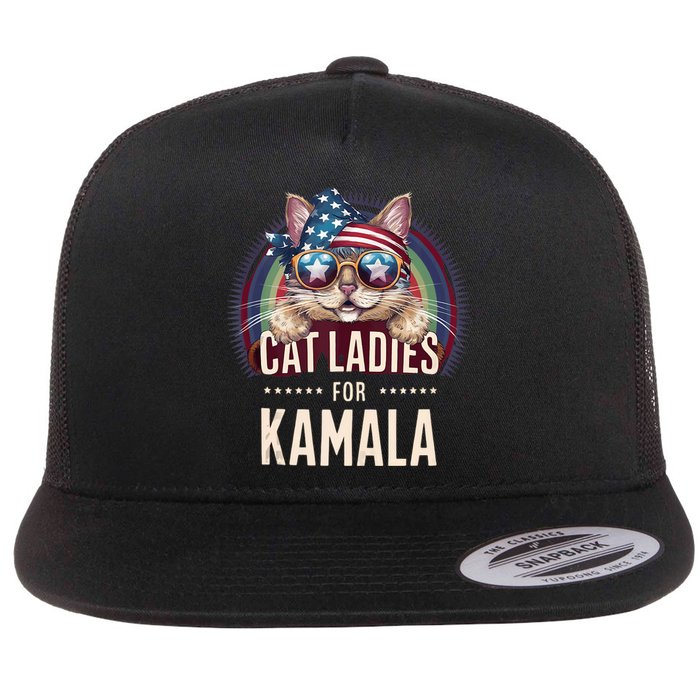 Cat With American Flag Bandana Cat Ladies For Kamala Flat Bill Trucker Hat