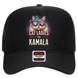 Cat With American Flag Bandana Cat Ladies For Kamala Gift High Crown Mesh Back Trucker Hat