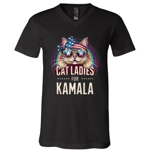 Cat With American Flag Bandana Cat Ladies For Kamala Gift V-Neck T-Shirt