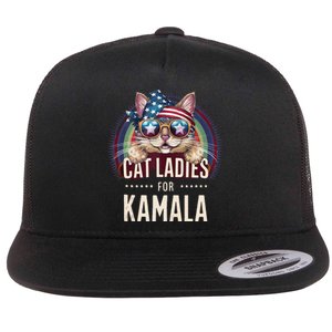 Cat With American Flag Bandana Cat Ladies For Kamala Gift Flat Bill Trucker Hat