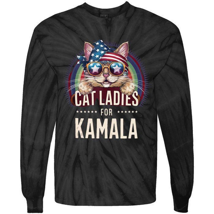 Cat With American Flag Bandana Cat Ladies For Kamala Gift Tie-Dye Long Sleeve Shirt