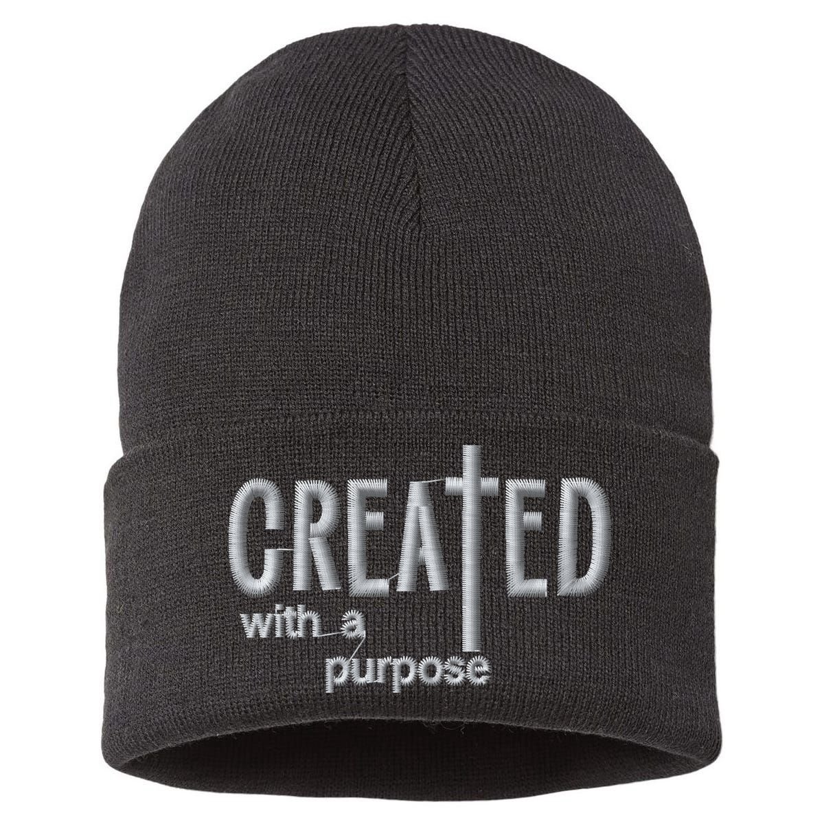 Created With A Purpose Christian Faith Jesus Embroidered Embroidered Sustainable Knit Beanie