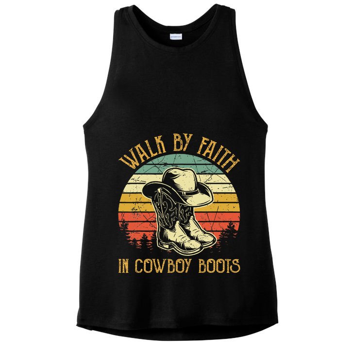 Christian Walk By Faith In Cowboy Boots Cowgirl Western Ladies PosiCharge Tri-Blend Wicking Tank