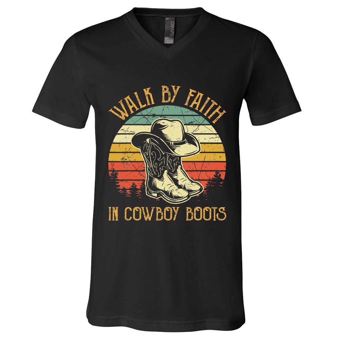 Christian Walk By Faith In Cowboy Boots Cowgirl Western V-Neck T-Shirt