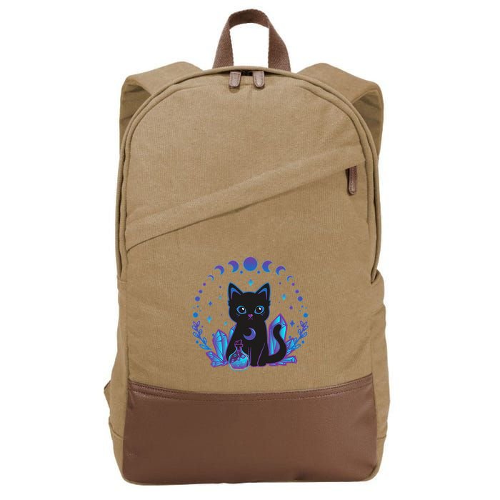 Cute Witchy Black Cat Crystal Alchemy Kawaii Pastel Goth Cotton Canvas Backpack