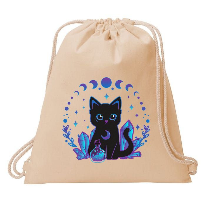 Cute Witchy Black Cat Crystal Alchemy Kawaii Pastel Goth Drawstring Bag