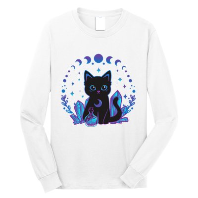Cute Witchy Black Cat Crystal Alchemy Kawaii Pastel Goth Long Sleeve Shirt