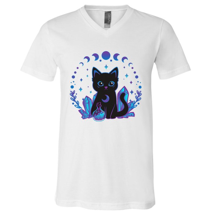 Cute Witchy Black Cat Crystal Alchemy Kawaii Pastel Goth V-Neck T-Shirt