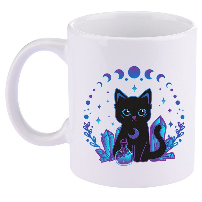 Cute Witchy Black Cat Crystal Alchemy Kawaii Pastel Goth 11oz C Handle Ceramic Mug