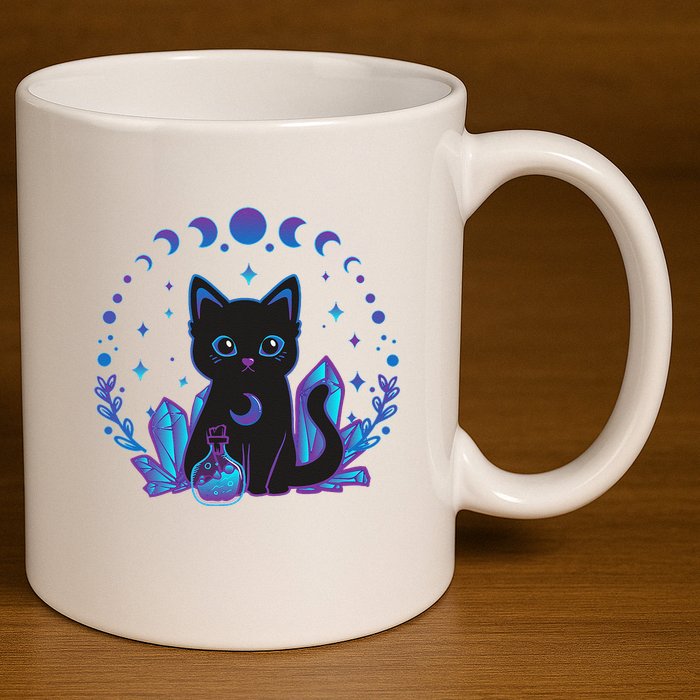 Cute Witchy Black Cat Crystal Alchemy Kawaii Pastel Goth 11oz C Handle Ceramic Mug