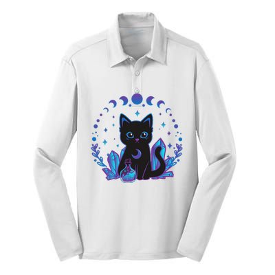 Cute Witchy Black Cat Crystal Alchemy Kawaii Pastel Goth Silk Touch Performance Long Sleeve Polo