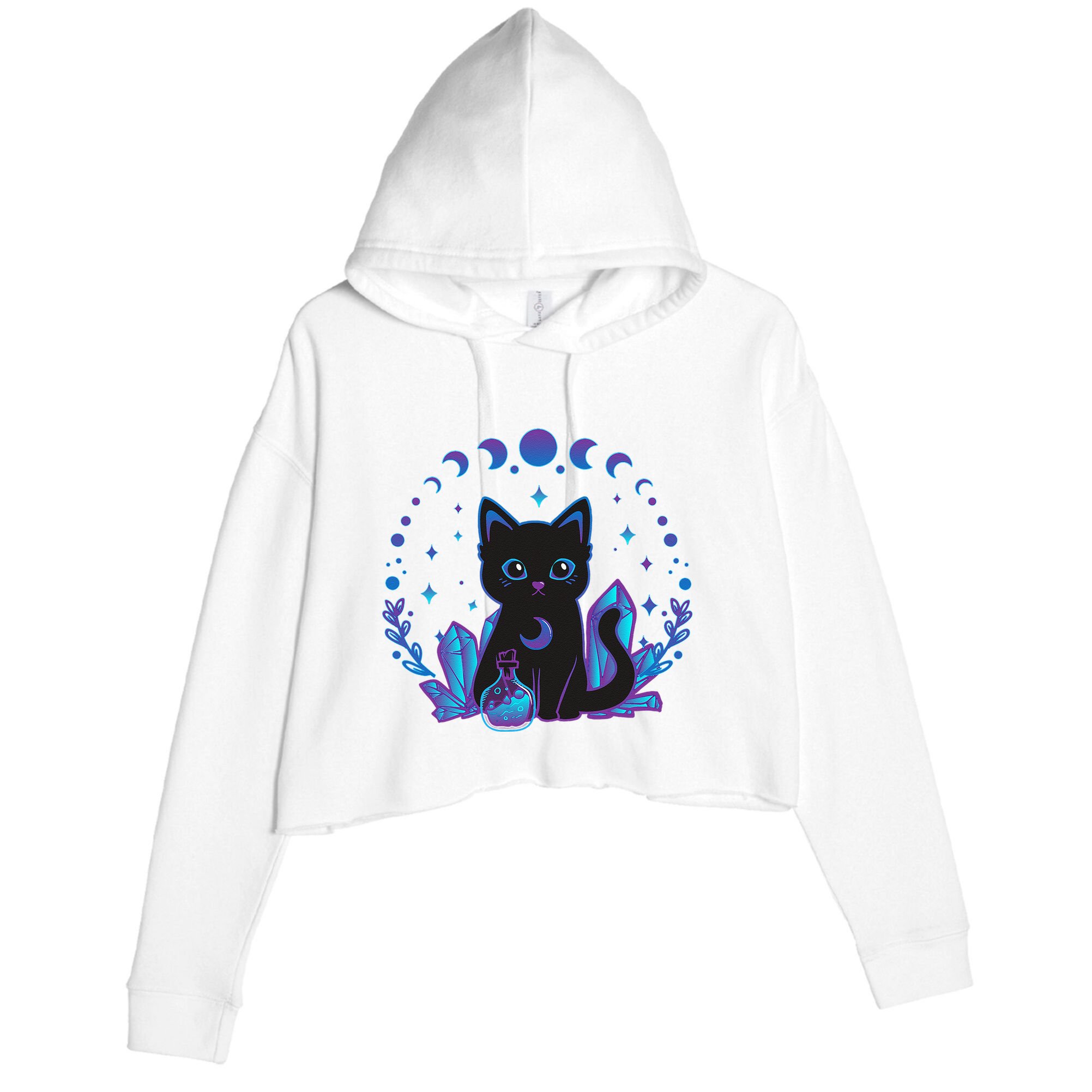 Cute Witchy Black Cat Crystal Alchemy Kawaii Pastel Goth Crop Fleece Hoodie