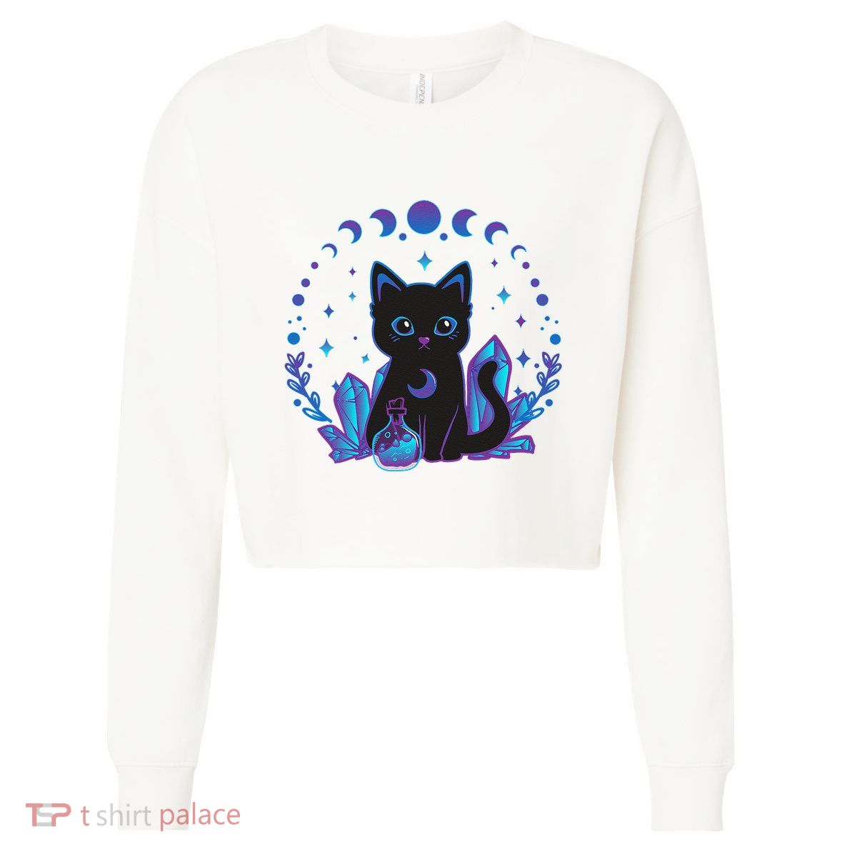 Cute Witchy Black Cat Crystal Alchemy Kawaii Pastel Goth Cropped Pullover Crew