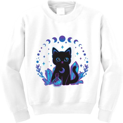Cute Witchy Black Cat Crystal Alchemy Kawaii Pastel Goth Kids Sweatshirt
