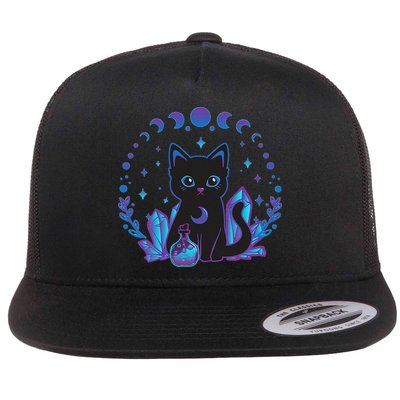 Cute Witchy Black Cat Crystal Alchemy Kawaii Pastel Goth Flat Bill Trucker Hat