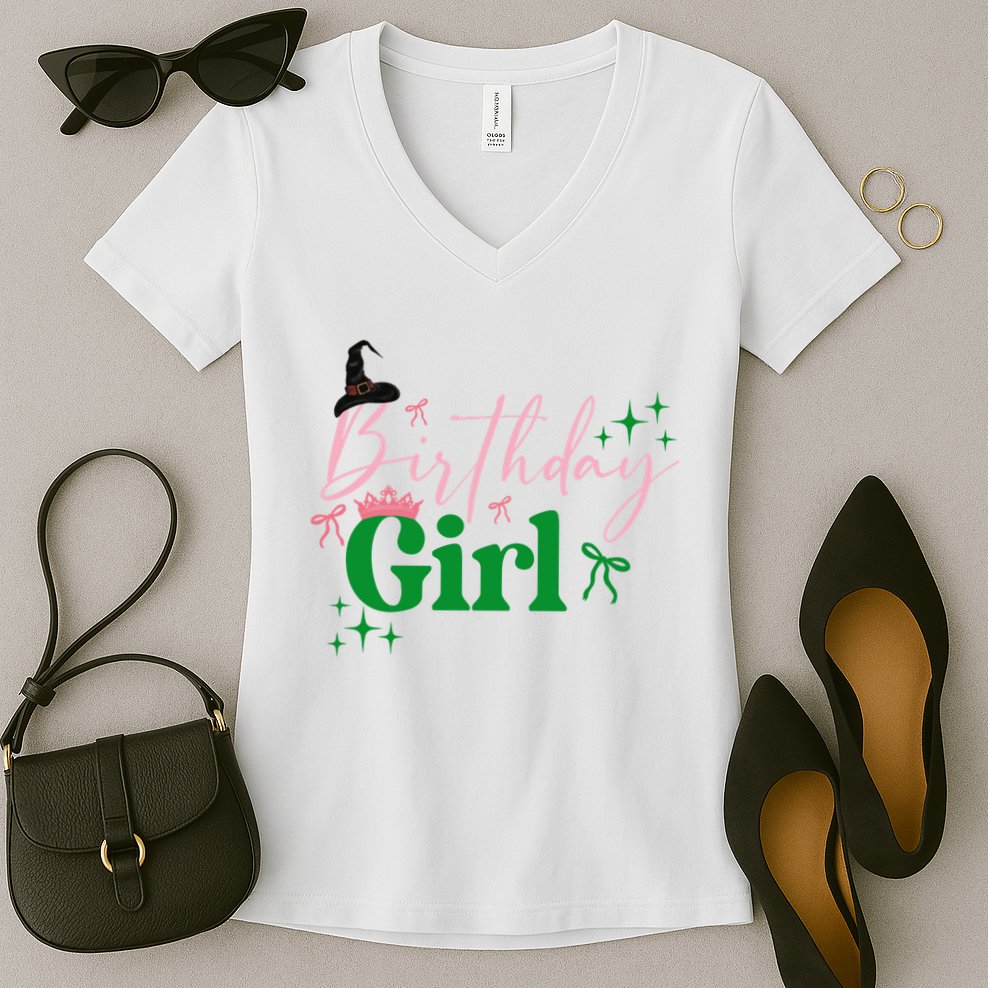 Cute Witch Birthday Girl Pink And Green Women's V-Neck T-Shirt