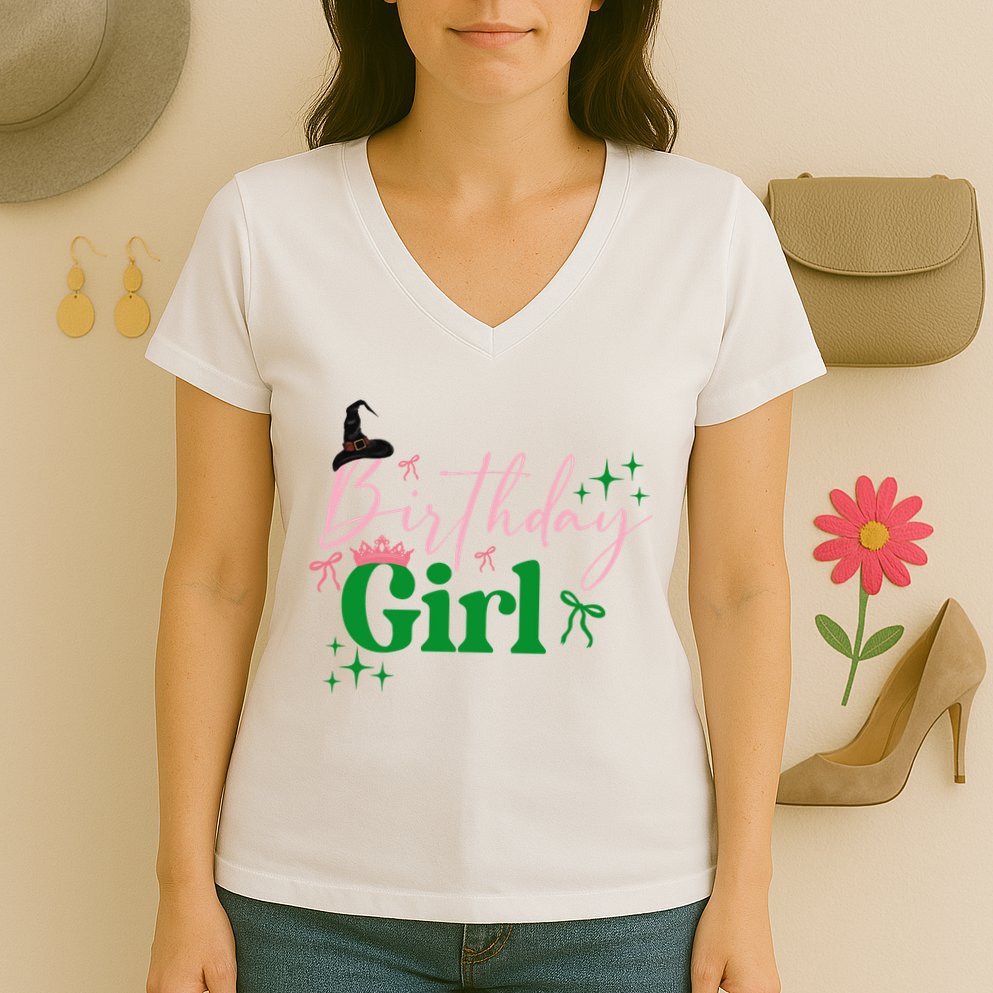 Cute Witch Birthday Girl Pink And Green Women's V-Neck T-Shirt