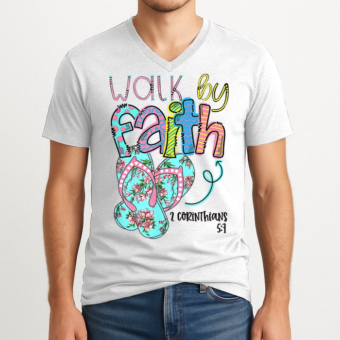 Christian Walk By Faith Flip Flops Summer V-Neck T-Shirt