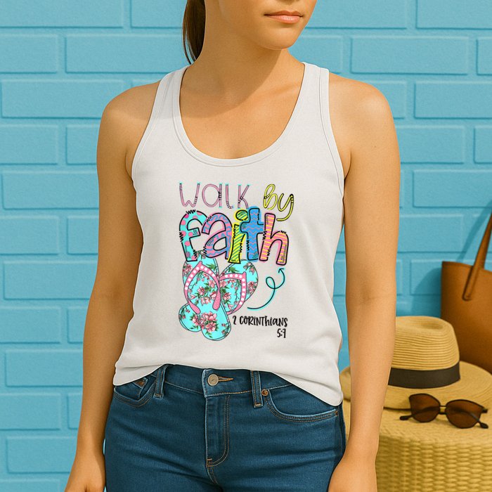 Christian Walk By Faith Flip Flops Summer Womens Tank Top