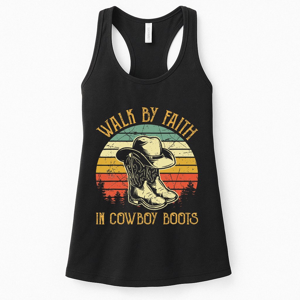 Christian Walk By Faith In Cowboy Boots Cowgirl Western Womens Tank Top