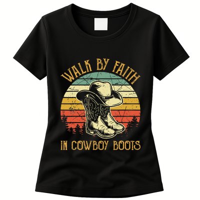 Christian Walk By Faith In Cowboy Boots Cowgirl Western Womens T-Shirt