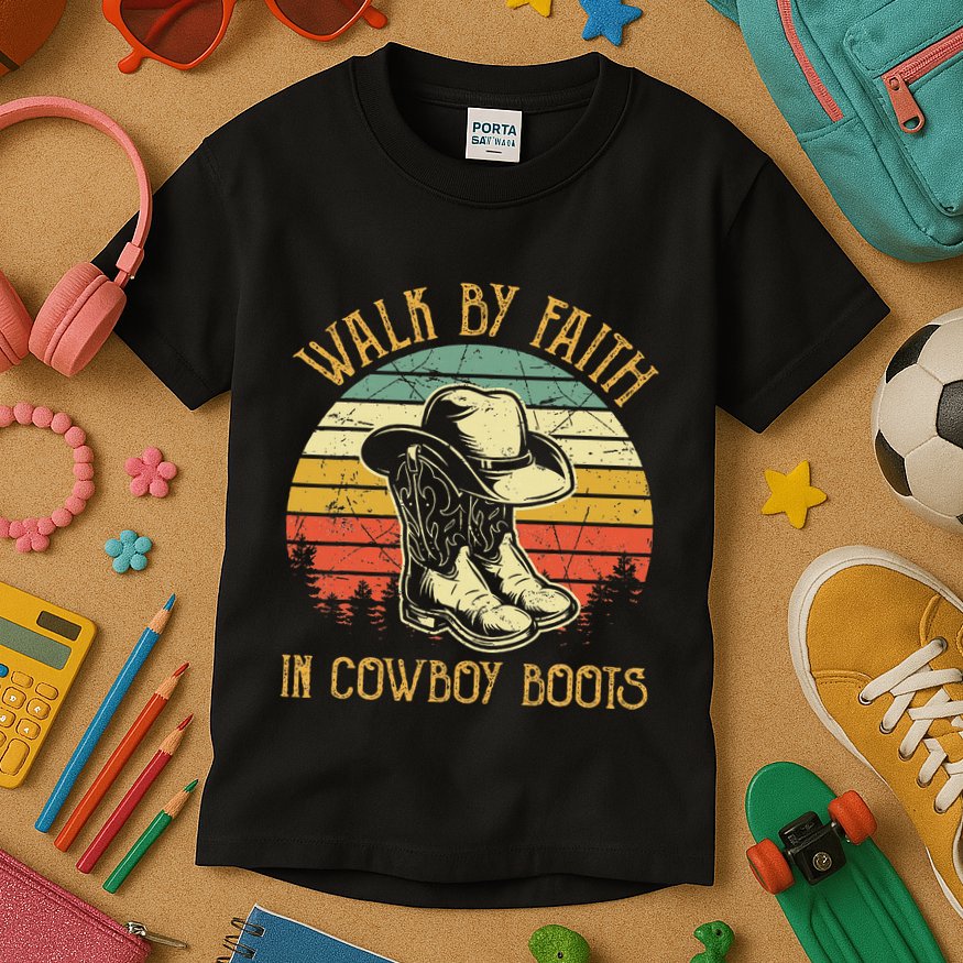 Christian Walk By Faith In Cowboy Boots Cowgirl Western Kids T-Shirt