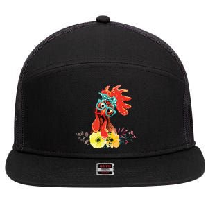 Chicken With Bandana Headband And Glasses Cute 7 Panel Mesh Trucker Snapback Hat