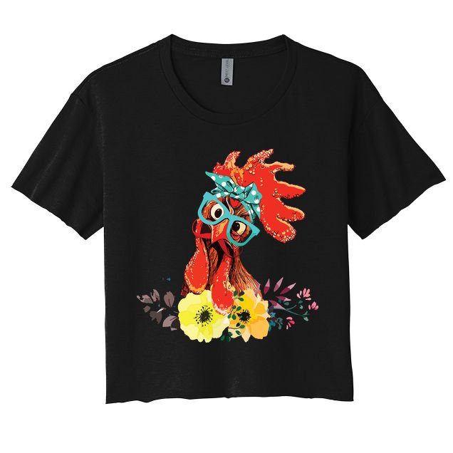 Chicken With Bandana Headband And Glasses Cute Women's Crop Top Tee