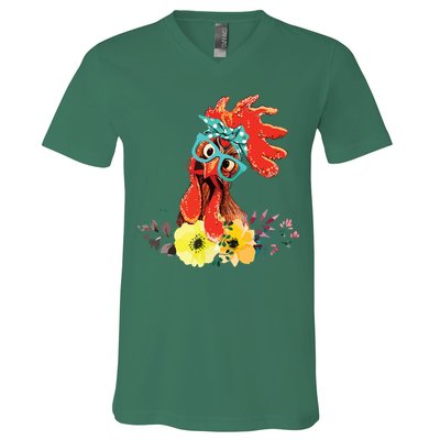 Chicken With Bandana Headband And Glasses Cute V-Neck T-Shirt