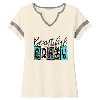 Crazy Women Beautiful Country Music Girl Western Leopard Ladies Halftime Notch Neck Tee