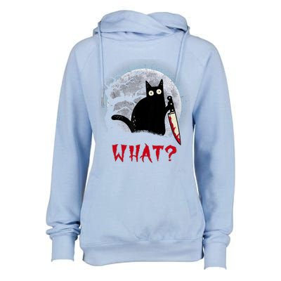 Cat What?Funny Black Cat With Knife Murderous Halloween Gift Womens Funnel Neck Pullover Hood