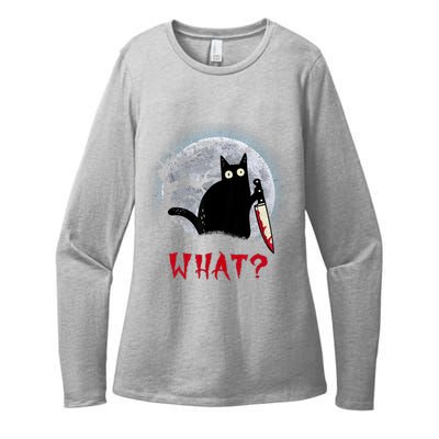 Cat What?Funny Black Cat With Knife Murderous Halloween Gift Womens CVC Long Sleeve Shirt