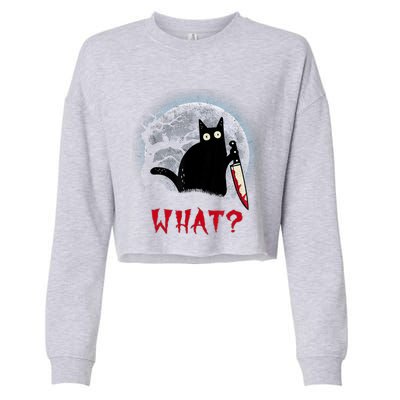 Cat What?Funny Black Cat With Knife Murderous Halloween Gift Cropped Pullover Crew