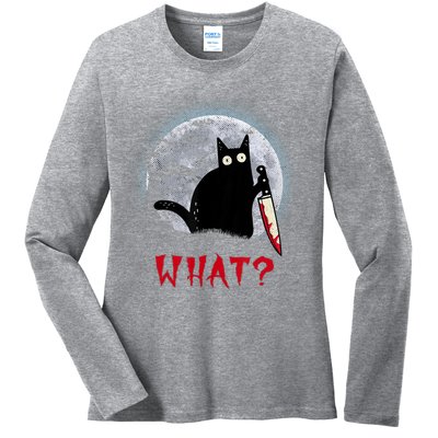 Cat What?Funny Black Cat With Knife Murderous Halloween Gift Ladies Long Sleeve Shirt